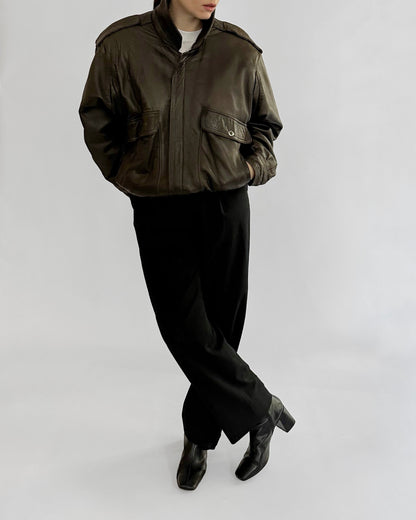 80s Sheepskin Leather Brown Bomber Jacket