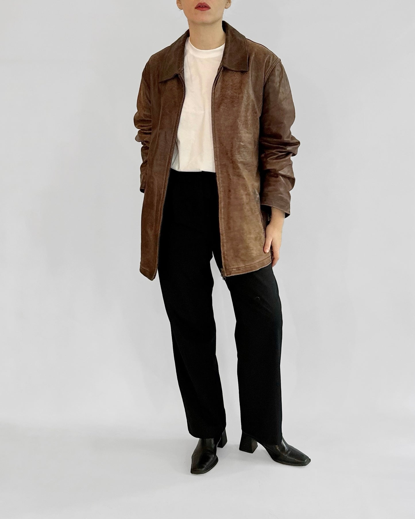 Y2K Distressed Brown Leather Zip-Up Jacket