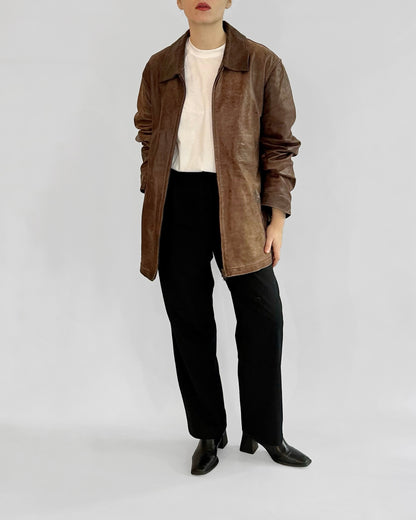 Y2K Distressed Brown Leather Zip-Up Jacket