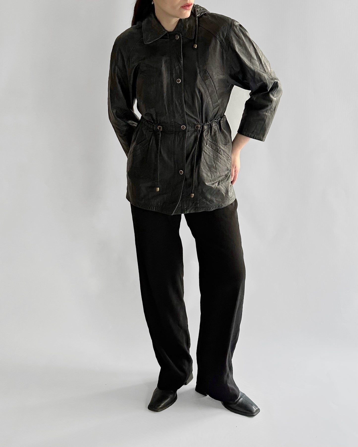 1990s Italian Black Leather Hooded Jacket