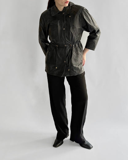 1990s Italian Black Leather Hooded Jacket