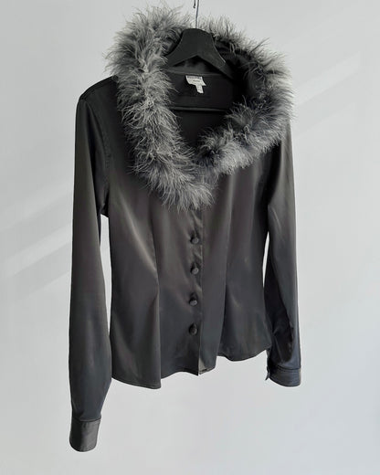 90s Moschino Feather Collar Grey Satin Shirt