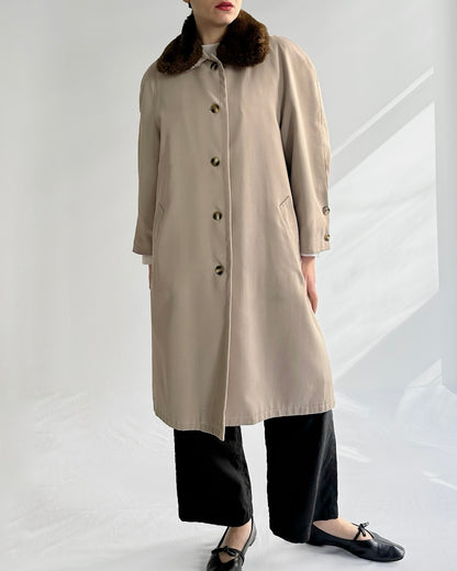 90s Beige Trench Coat – Detachable Faux Fur Collar