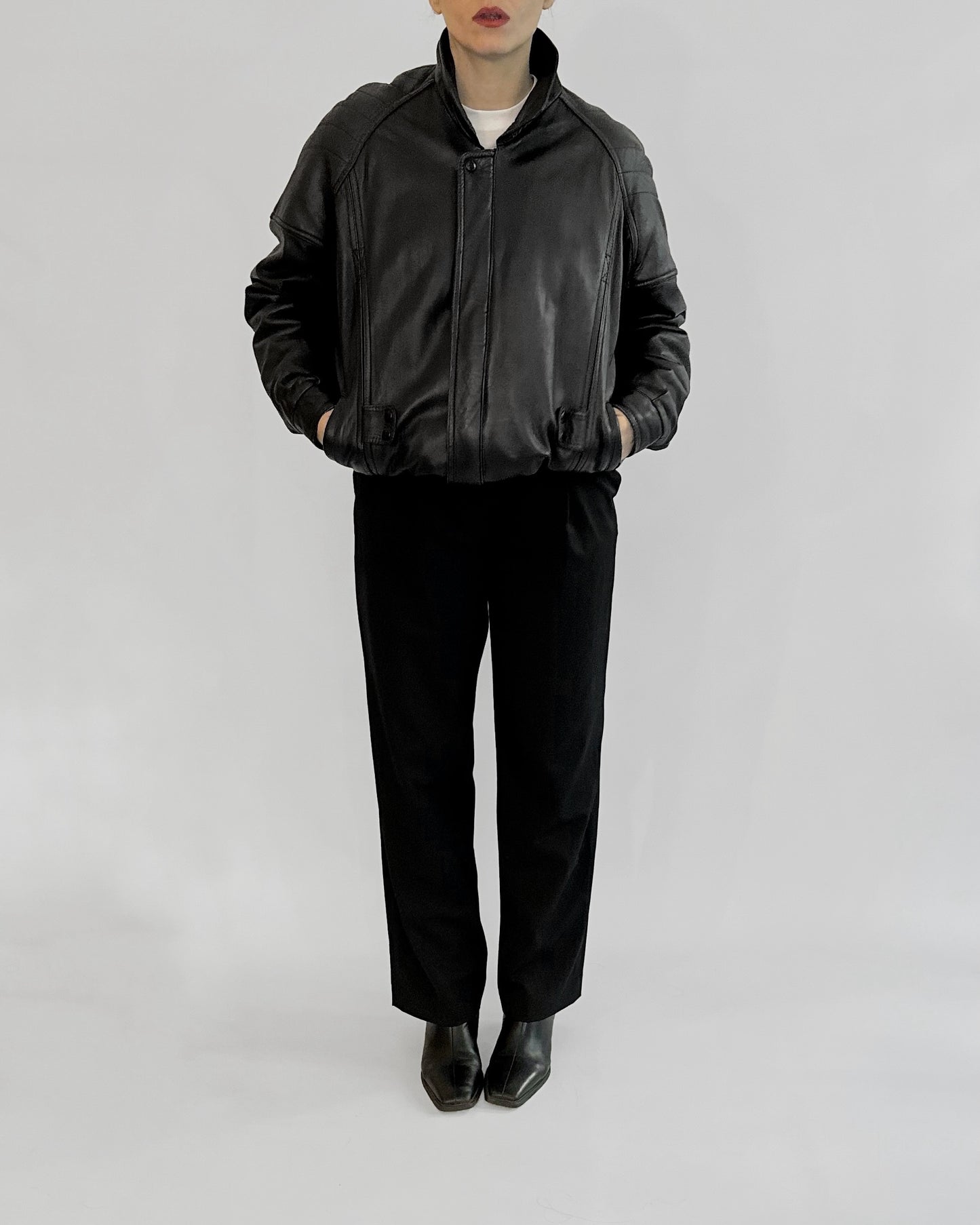 80s Black Leather Bomber Jacket