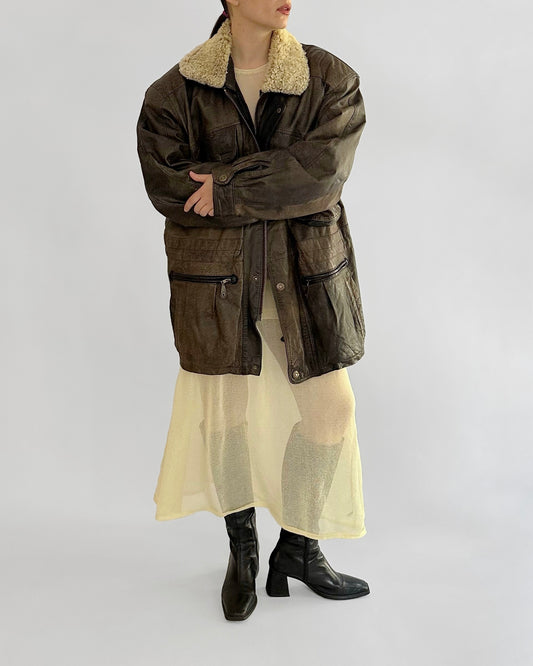80s Brown Cowhide Leather Field Jacket – Detachable Shearling Collar