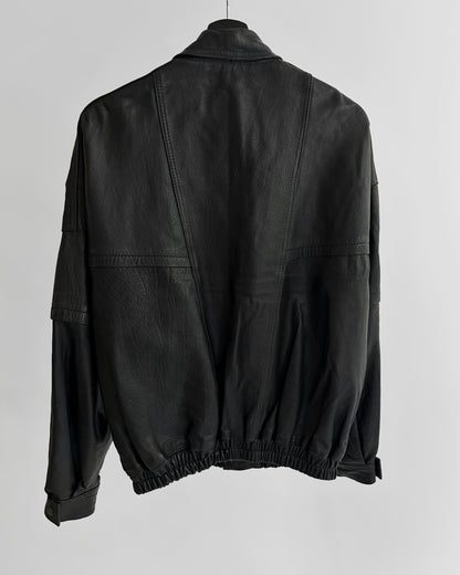 80s Black Sheepskin Leather Bomber Jacket