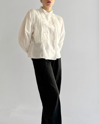 80s White Cotton Linen Pleated Blouse