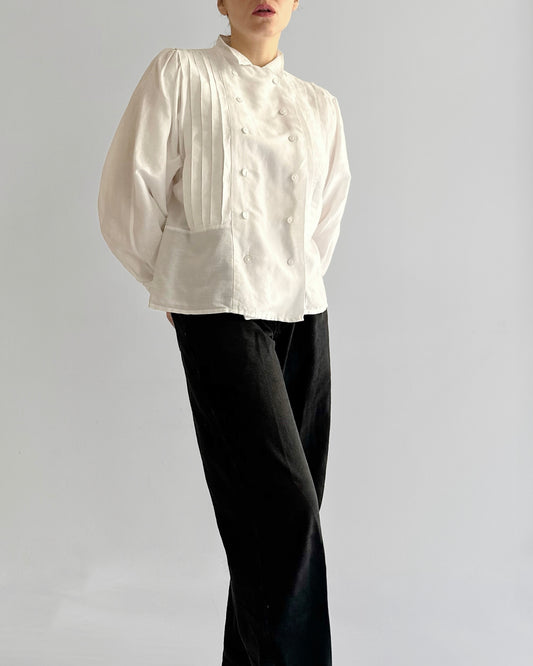80s White Cotton Linen Pleated Blouse