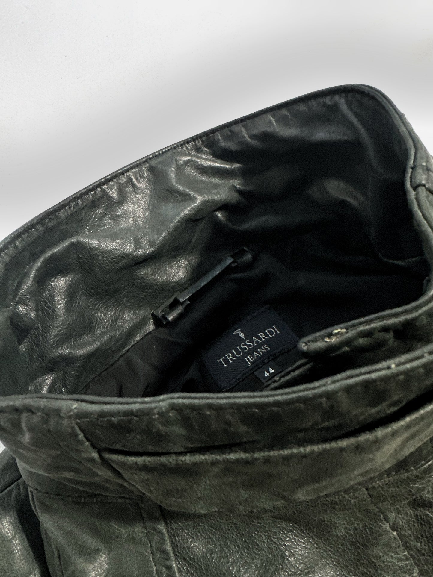 2000s Trussardi Grey-Green Distressed Leather Jacket – Limited Edition