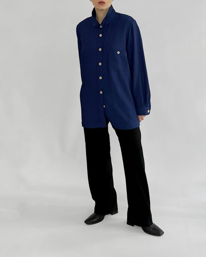 80s Royal Blue Button-Up Shirt with Back Tie
