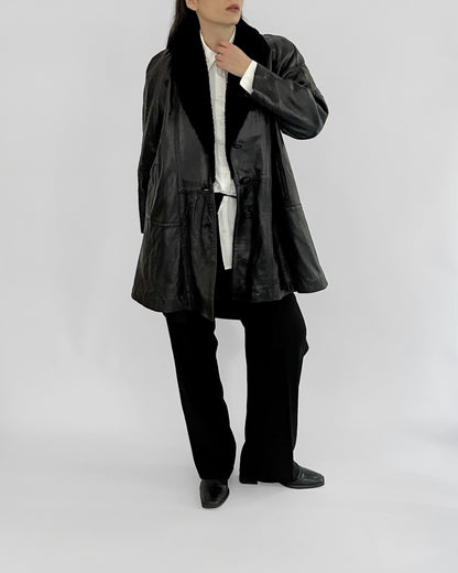 80s Black Leather Coat with Faux Fur Shawl Collar