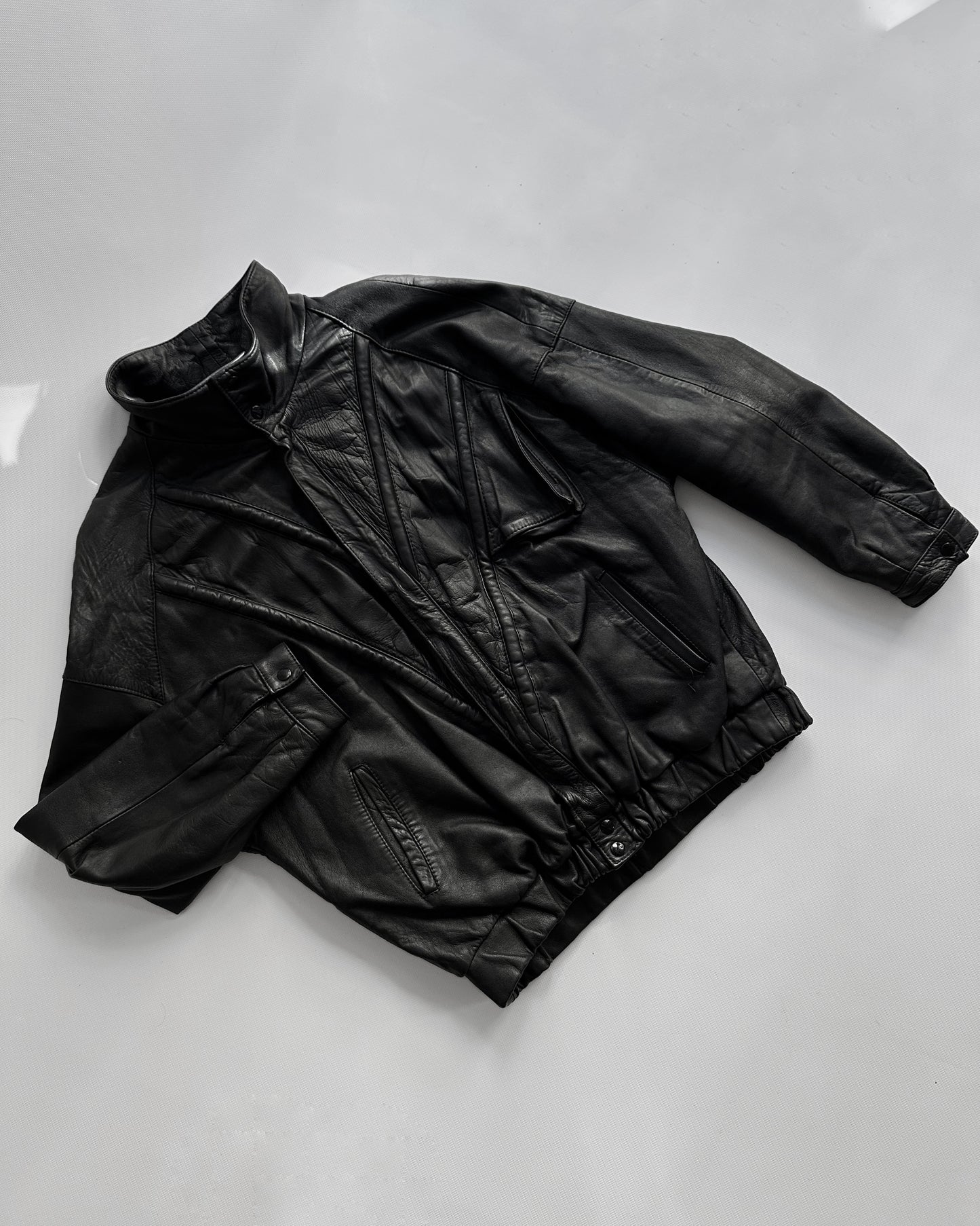 80s Black Leather Bomber Jacket