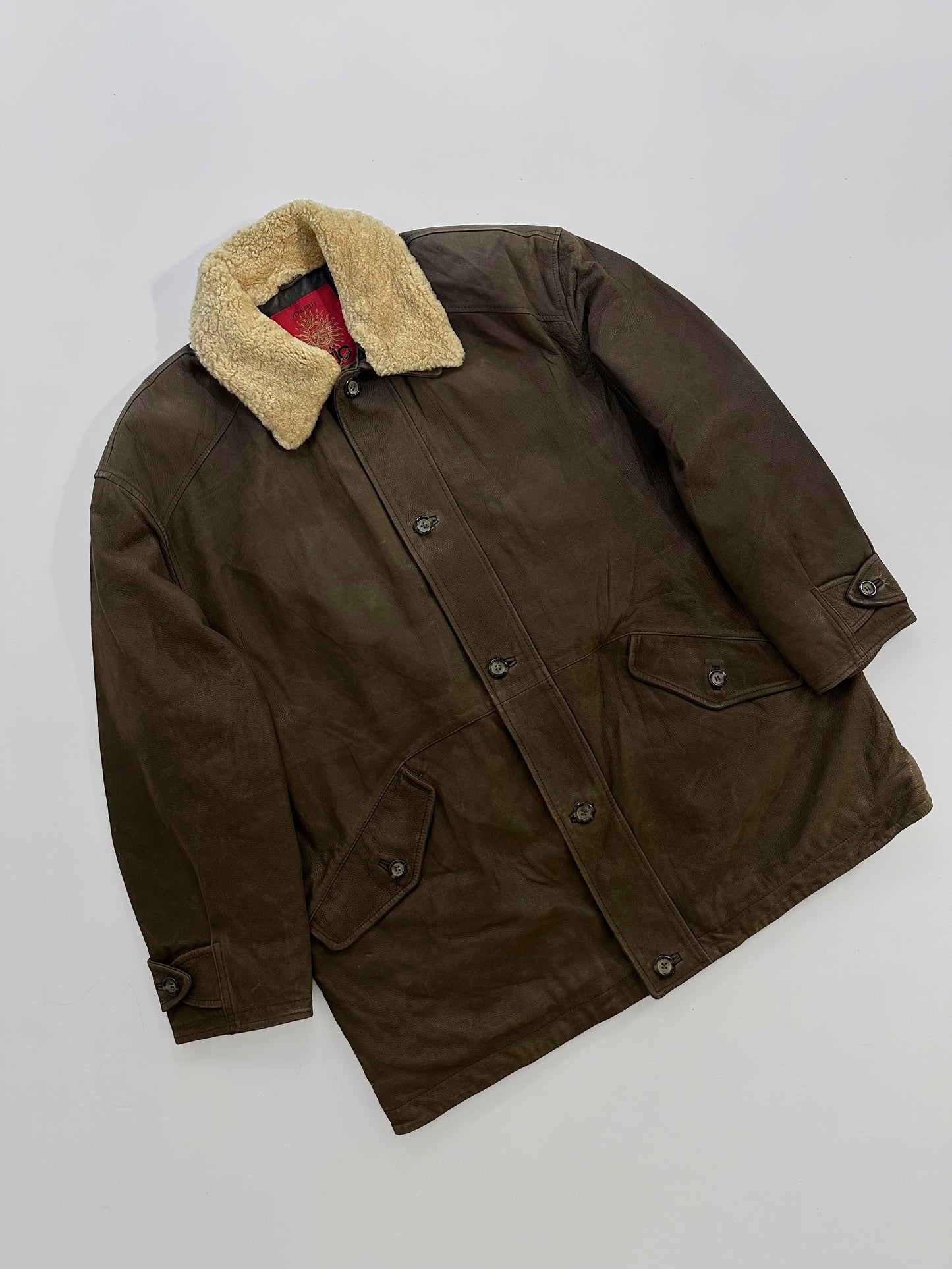 80s Brown Leather Jacket w/ Faux Shearling Collar