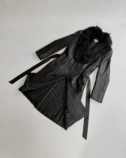 2000s Black Faux Leather Coat with Detachable Faux Fur Collar