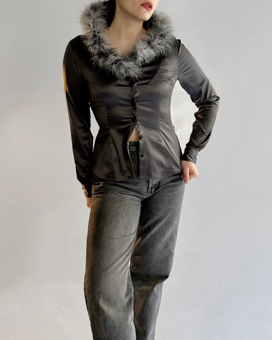 90s Moschino Feather Collar Grey Satin Shirt