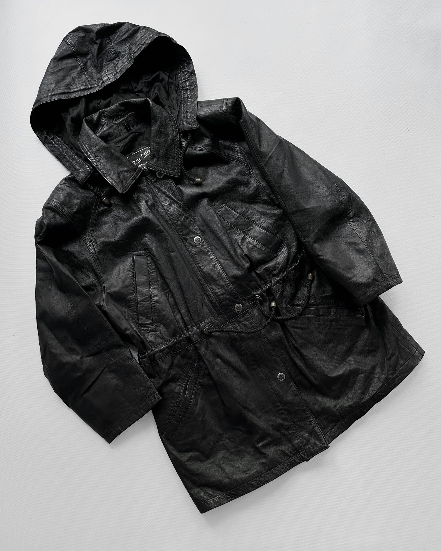 1990s Italian Black Leather Hooded Jacket