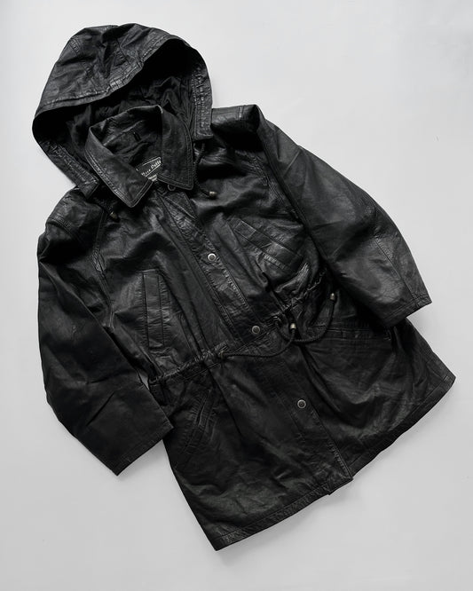 1990s Italian Black Leather Hooded Jacket