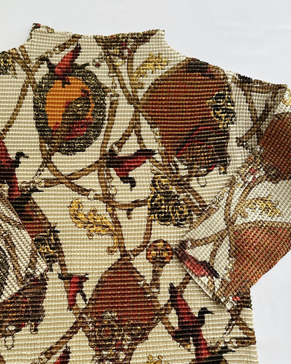 90s Textured Bird Print Pleated Top