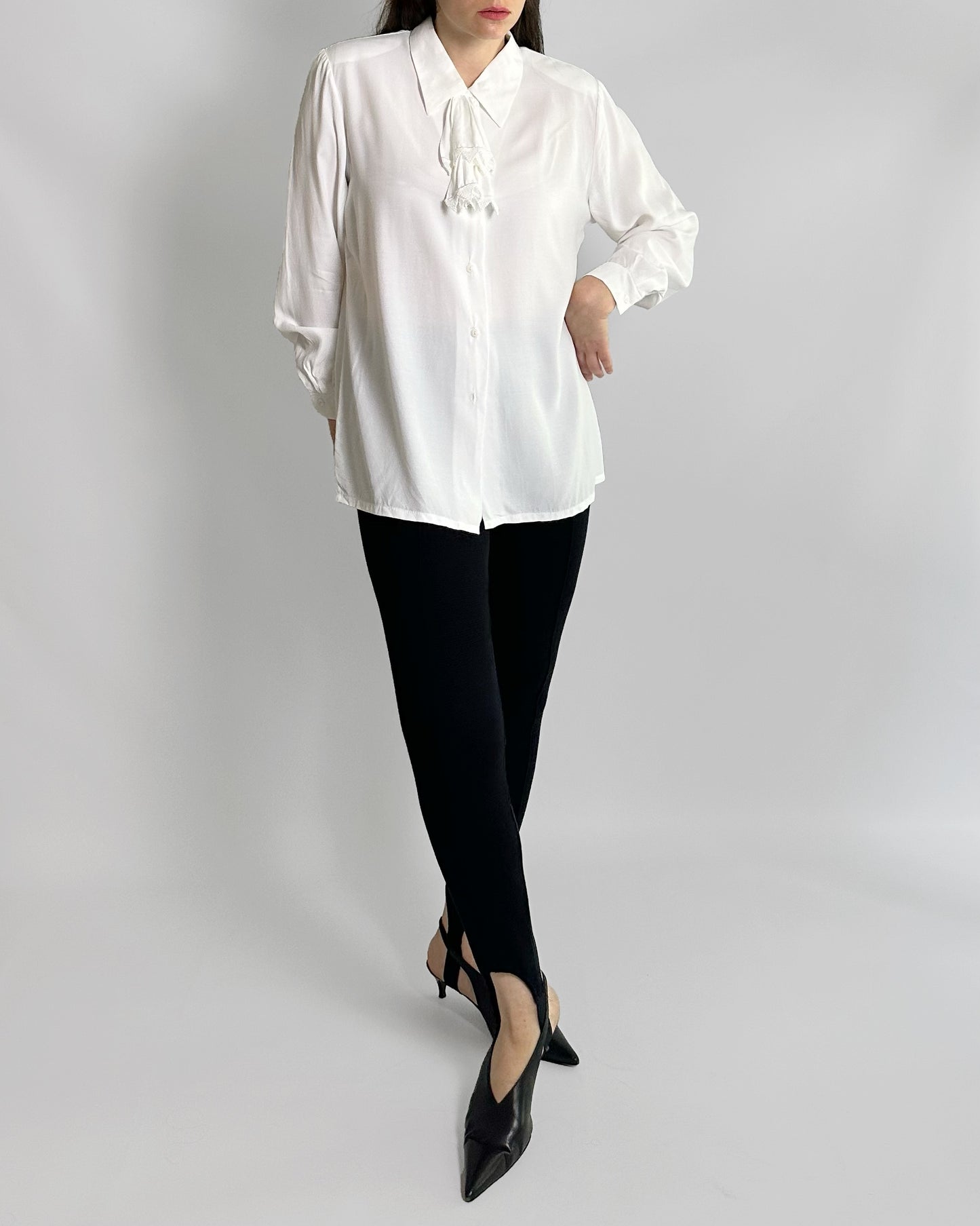 80s White Viscose Tie-Neck Blouse