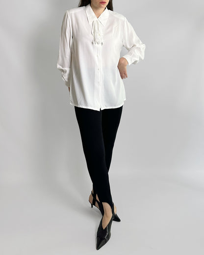80s White Viscose Tie-Neck Blouse