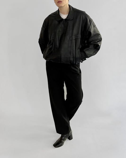 80s Black Sheepskin Leather Bomber Jacket