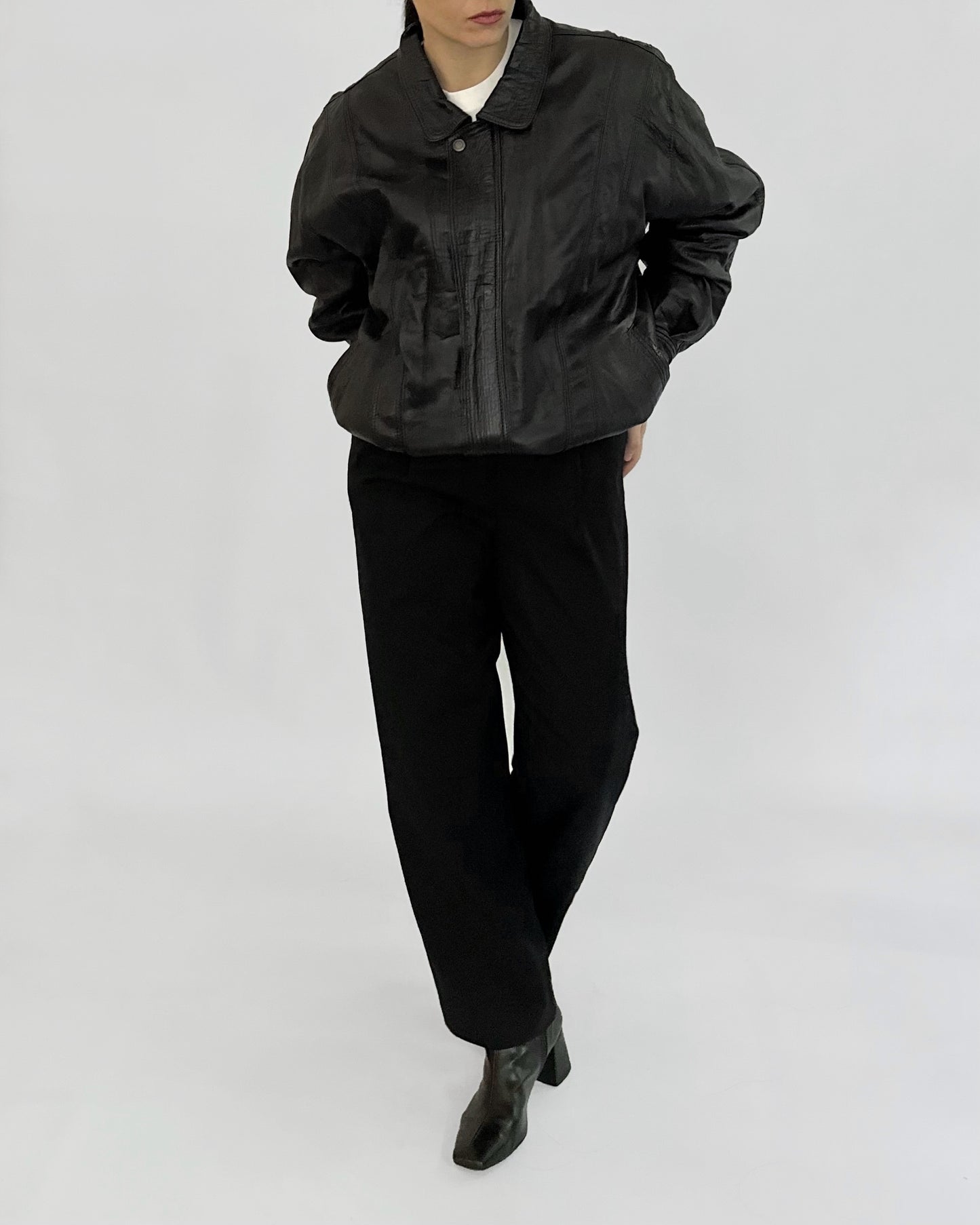 80s Black Leather Bomber Jacket