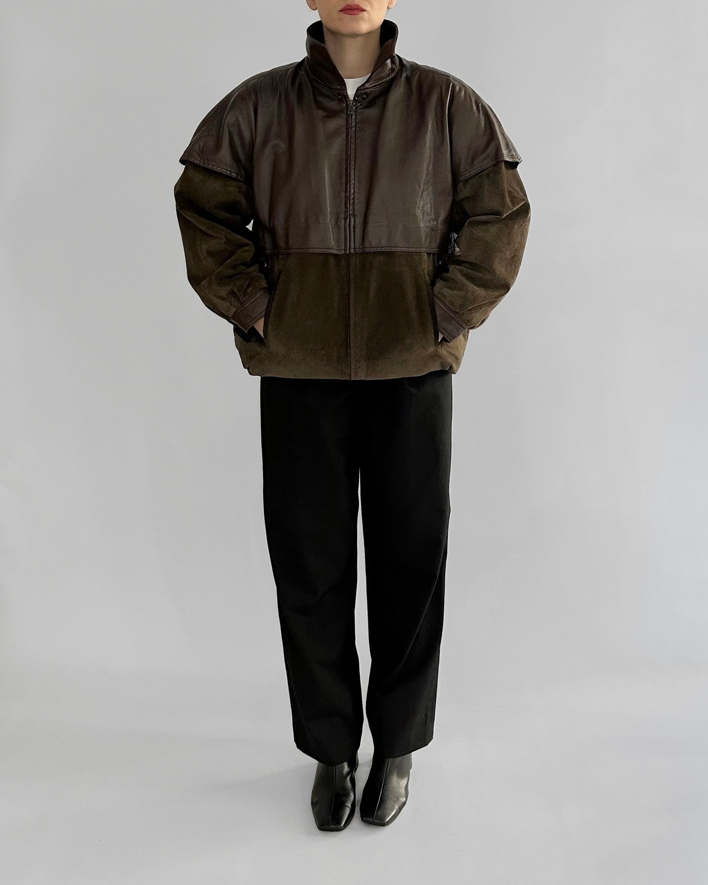 80s Brown Green Sheepskin Suede Leather Jacket