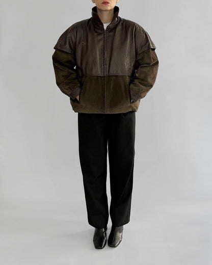 80s Brown Green Sheepskin Suede Leather Jacket