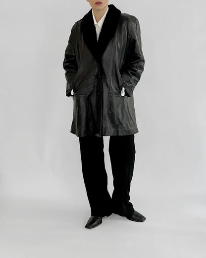 80s Black Leather Coat with Faux Fur Shawl Collar