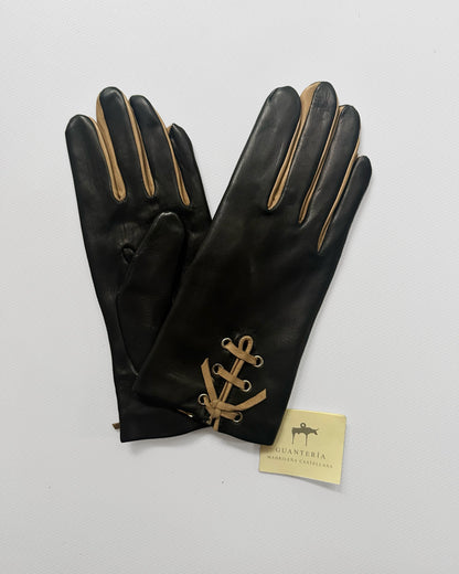 90s Black Beige Lace-Up Leather Gloves - Size 7, NOS