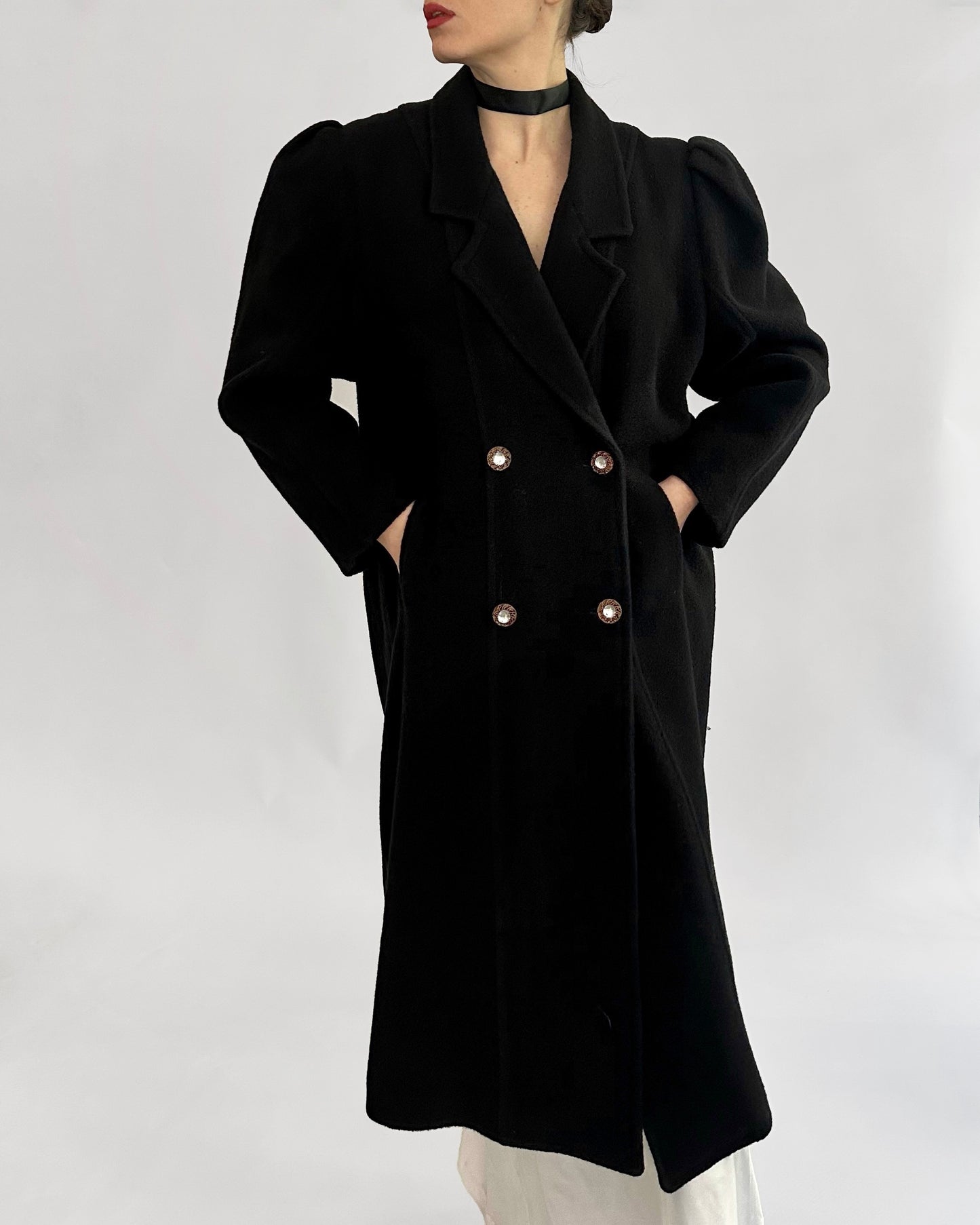 90s Black Coat with Jewel Buttons
