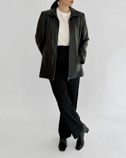 90s Black Sheepskin Zip-Up Leather Jacket