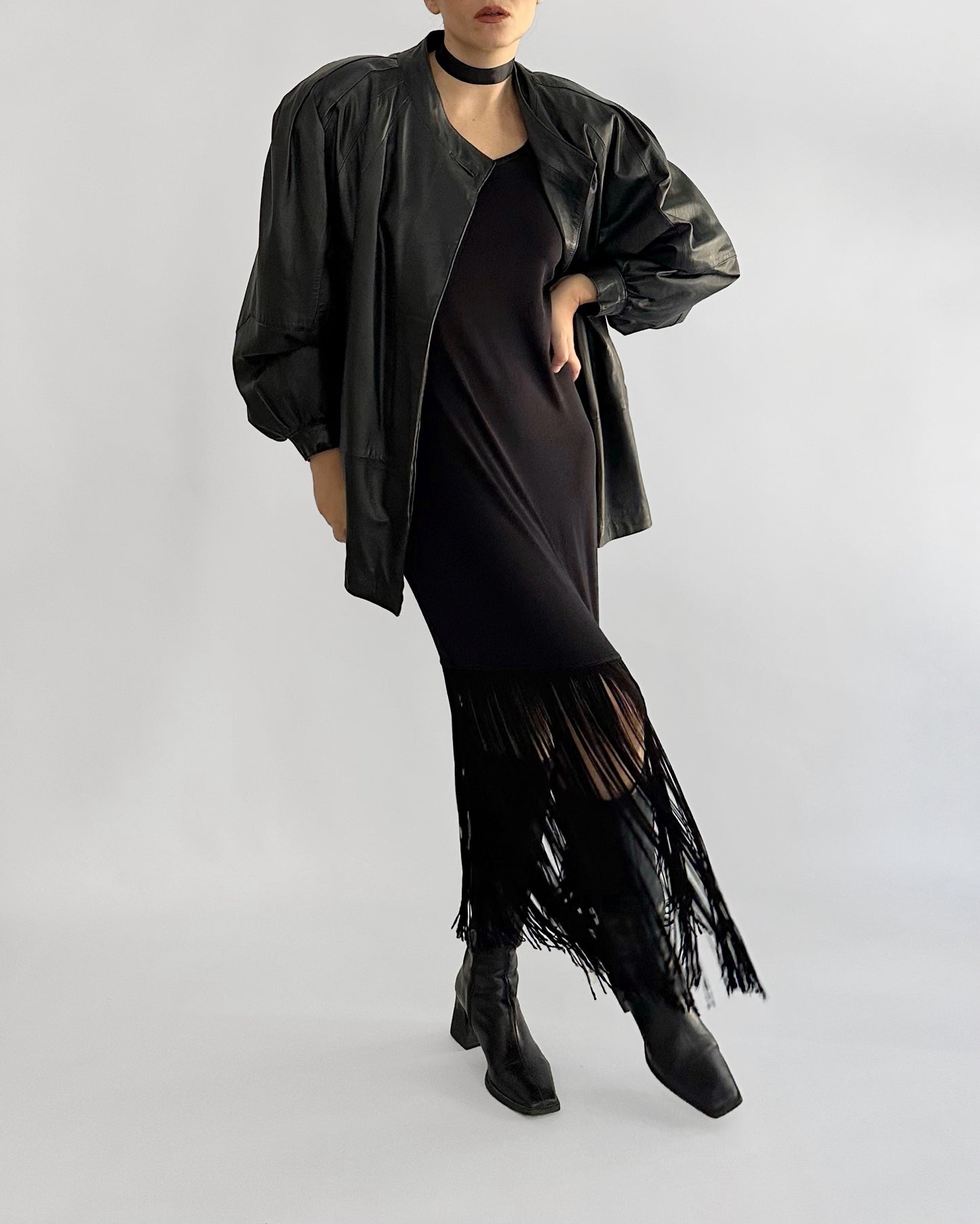 80s Black Puff Sleeve Sheep Leather Jacket