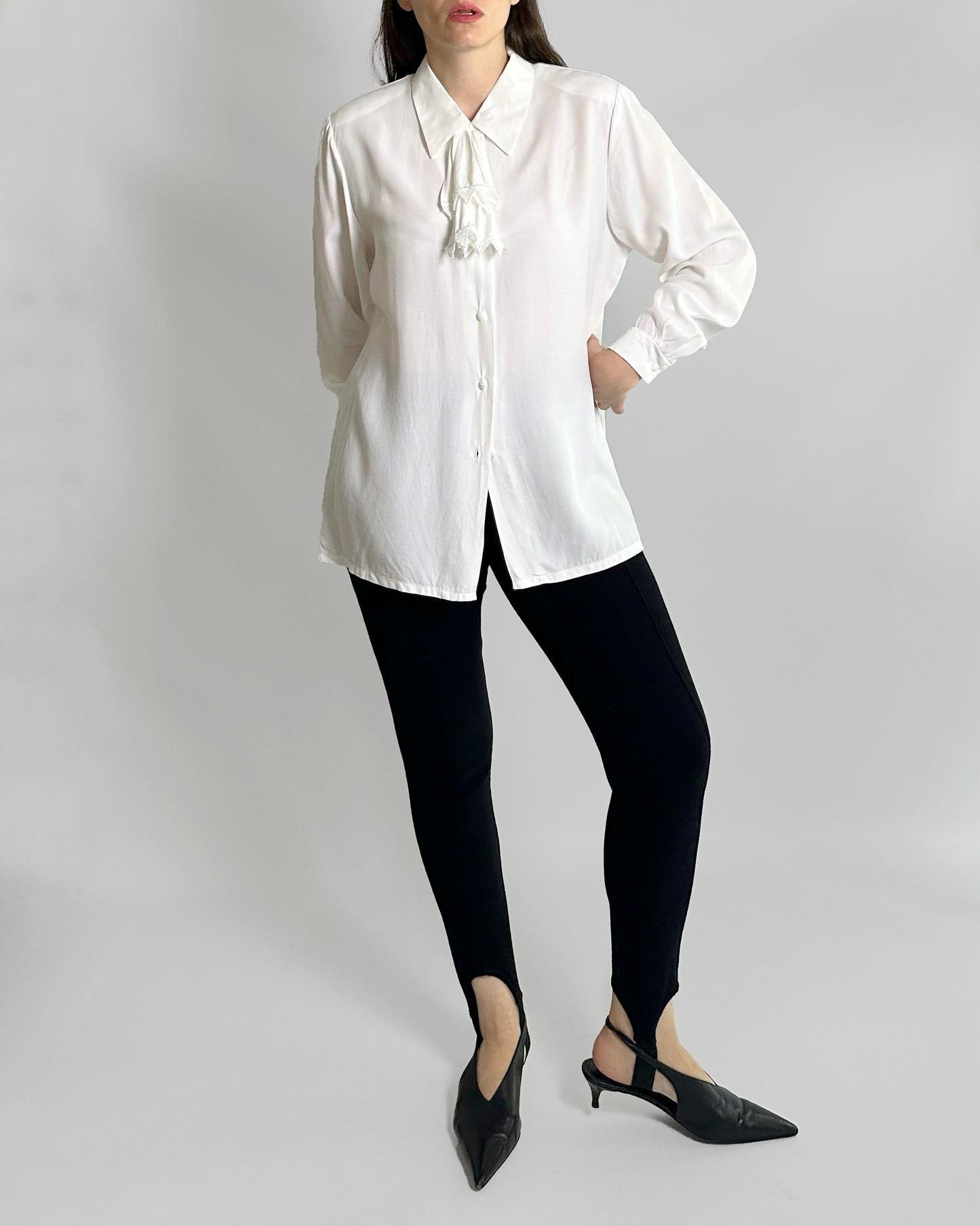 80s White Viscose Tie-Neck Blouse