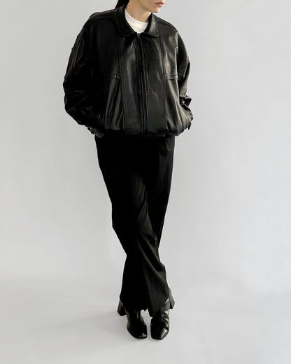 80s Black Sheepskin Leather Bomber Jacket