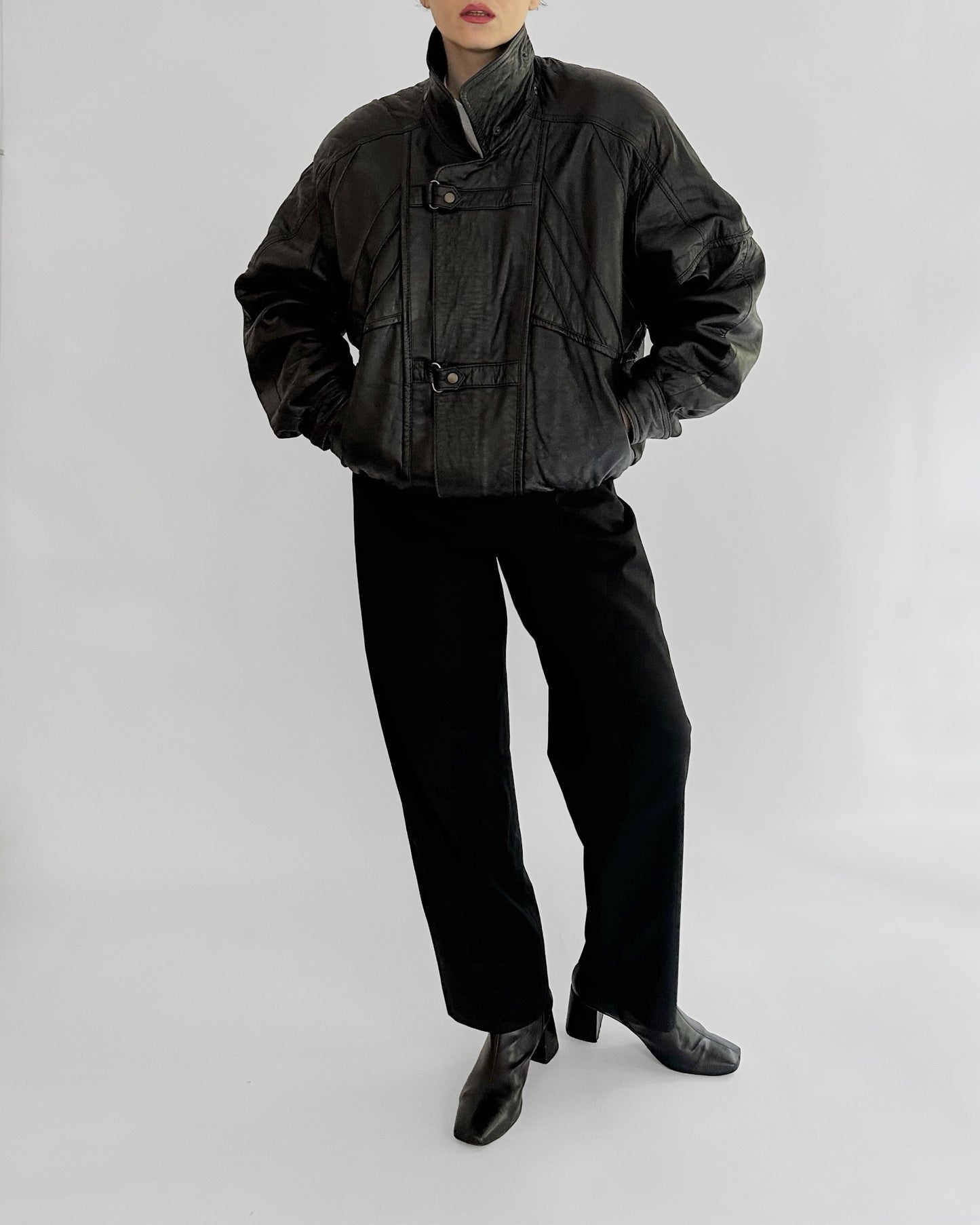 80s Black Leather Bomber Jacket