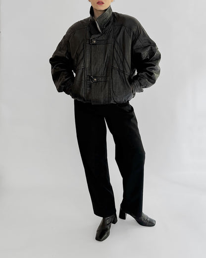 80s Black Leather Bomber Jacket