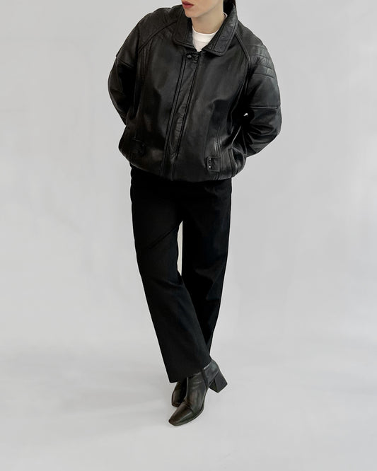 80s Black Leather Bomber Jacket