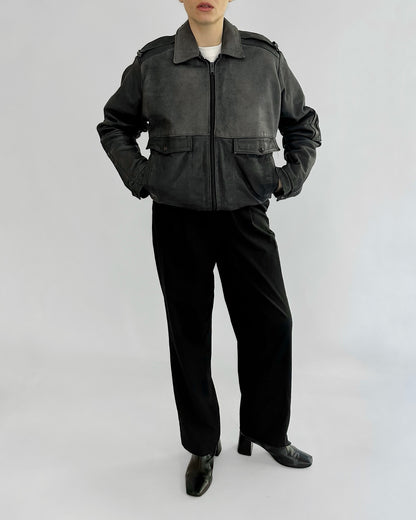 80s Dark Grey Leather Bomber Jacket