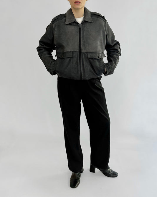 80s Dark Grey Leather Bomber Jacket