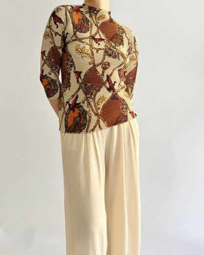 90s Textured Bird Print Pleated Top