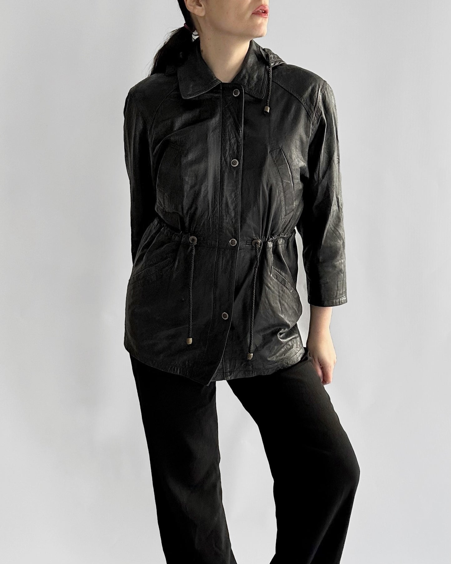 1990s Italian Black Leather Hooded Jacket