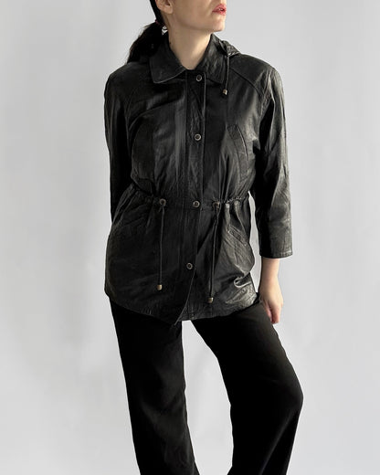 1990s Italian Black Leather Hooded Jacket