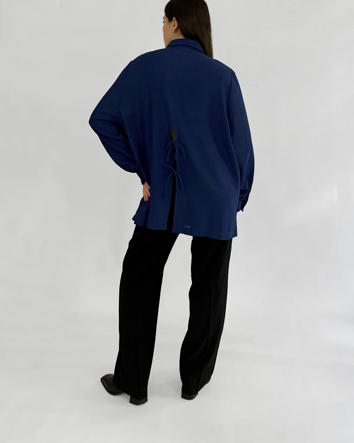 80s Royal Blue Button-Up Shirt with Back Tie