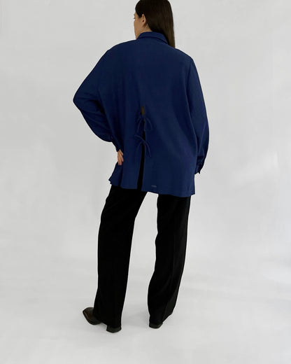 80s Royal Blue Button-Up Shirt with Back Tie