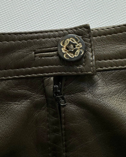 Vintage 1980s Loewe Olive Green Leather Midi Skirt