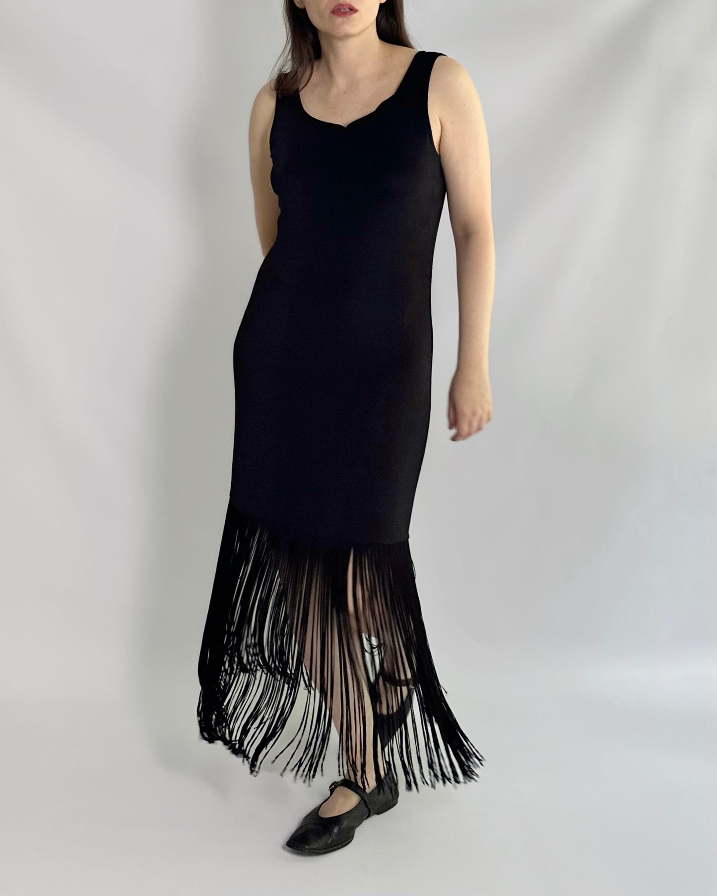 90s Black Fringe Hem Maxi Dress