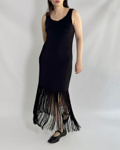 90s Black Fringe Hem Maxi Dress