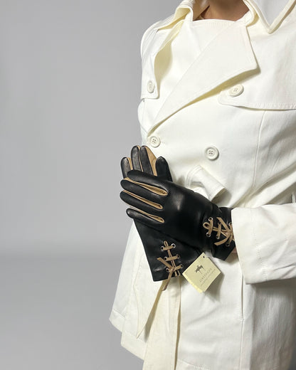 90s Black Beige Lace-Up Leather Gloves - Size 7, NOS