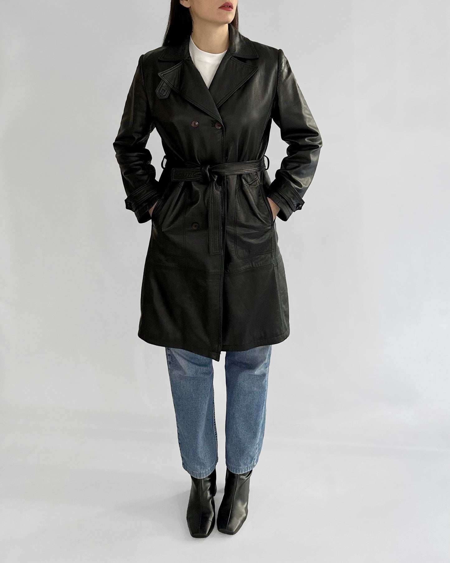 90s Black Nappa Leather Trench Coat